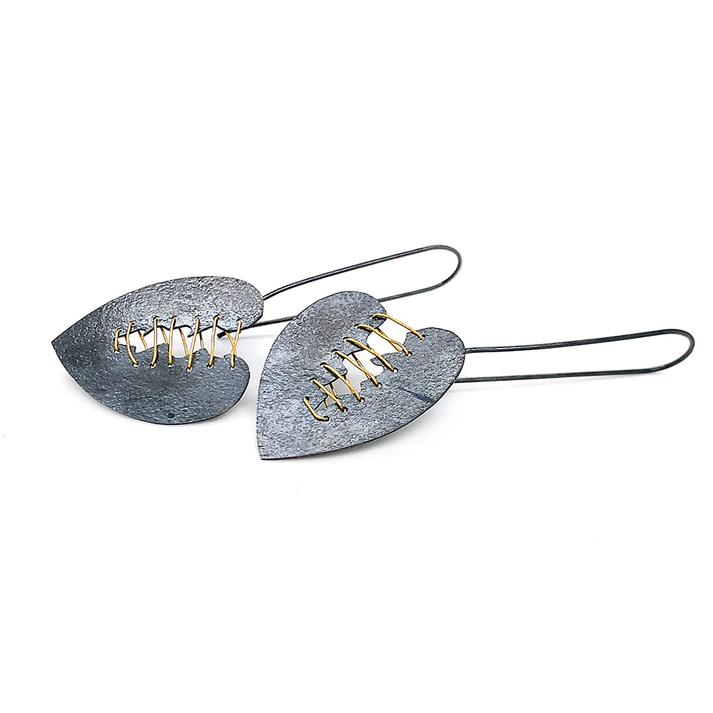 Oxidized Sterling Silver & Gold Vermeil Earrings - "Mended Heart" - Image 3