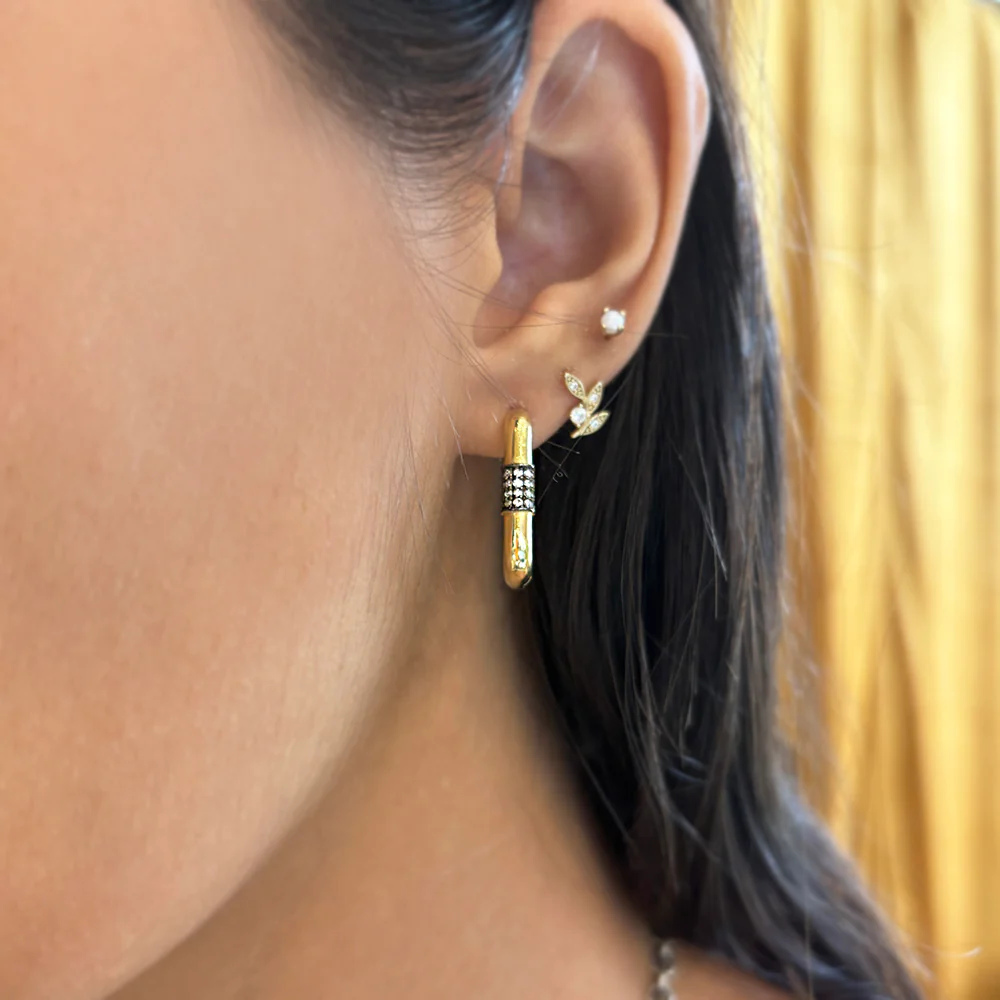 Pavé Diamond & Gold Huggie Hoop Earrings - "Golden Night" - Image 2