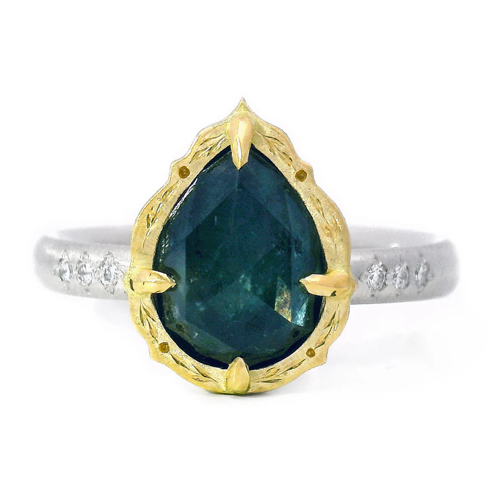 Pear Shaped Deep Blue Rose Cut Montana Sapphire Ring - "Lotus"