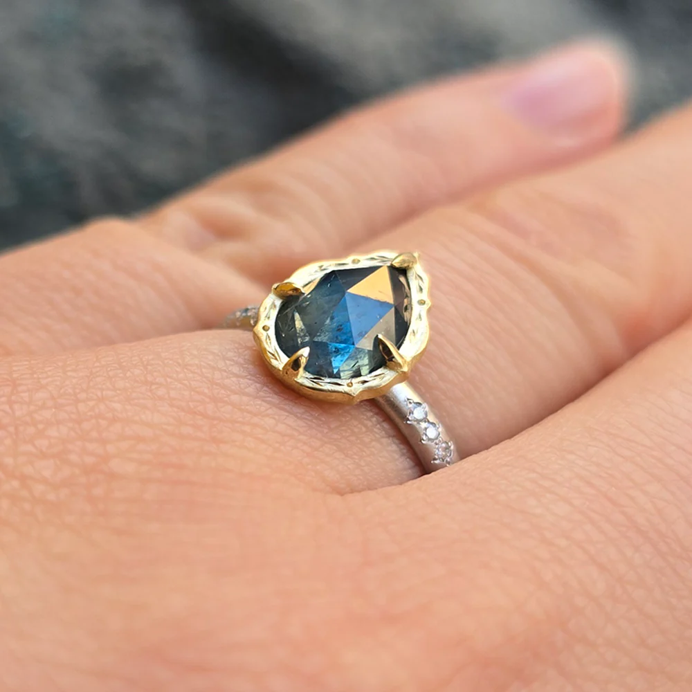 Pear Shaped Deep Blue Rose Cut Montana Sapphire Ring - "Lotus" - Image 3