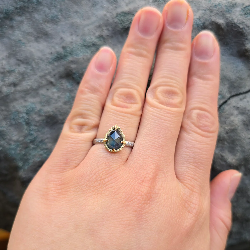 Pear Shaped Deep Blue Rose Cut Montana Sapphire Ring - "Lotus" - Image 4