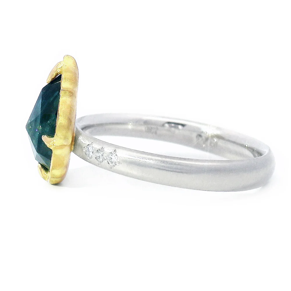 Pear Shaped Deep Blue Rose Cut Montana Sapphire Ring - "Lotus" - Image 5