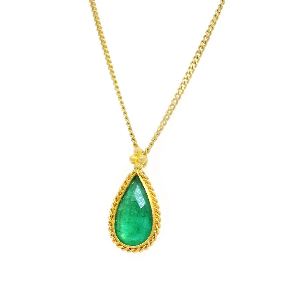Pear-Shaped Emerald & Yellow Gold Necklace - "Forest Light" - Image 4