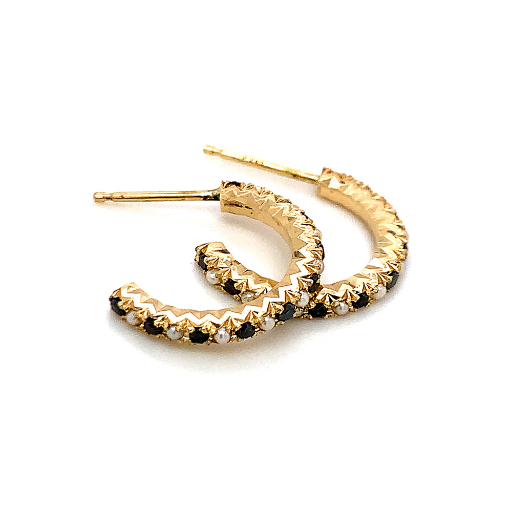 Pearl & Black Diamond Yellow Gold Hoops - "Old Hollywood" - Image 2