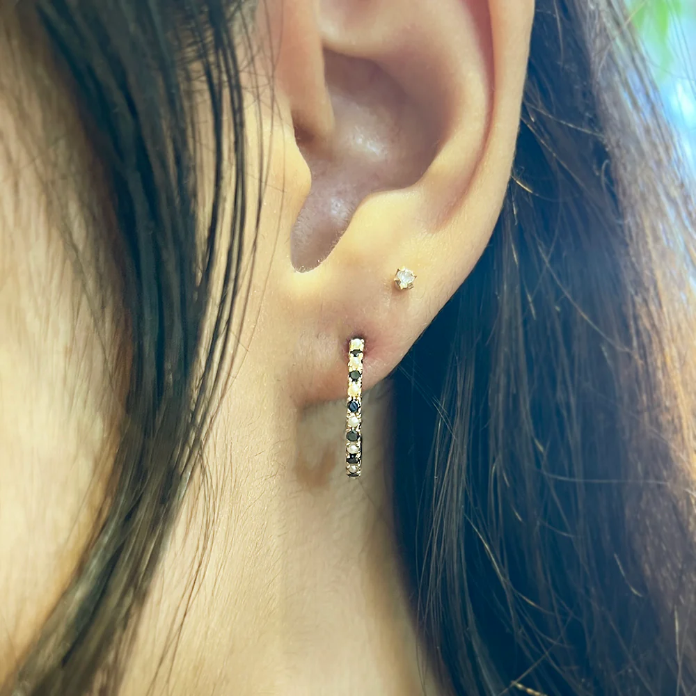 Pearl & Black Diamond Yellow Gold Hoops - "Old Hollywood" - Image 3