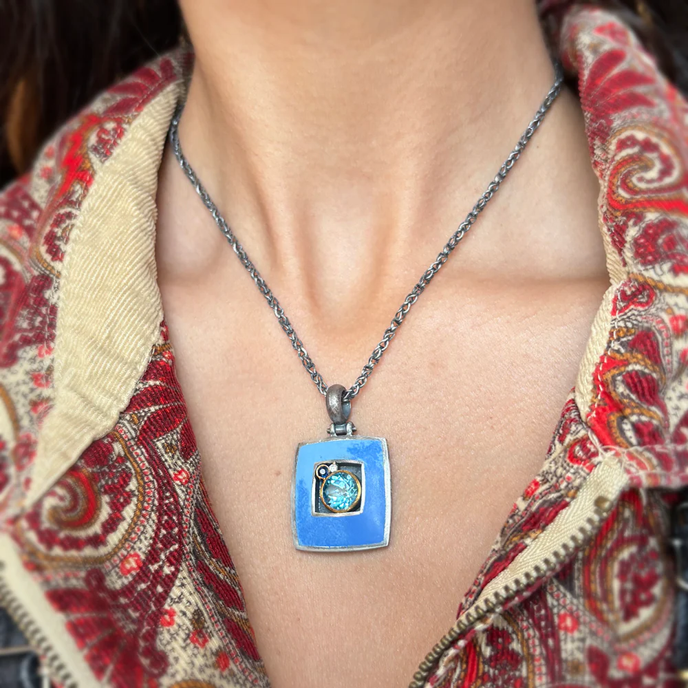 Blue Topaz, Sapphire, Diamond, & Enamel Necklace - "Clear Skies" - Image 2