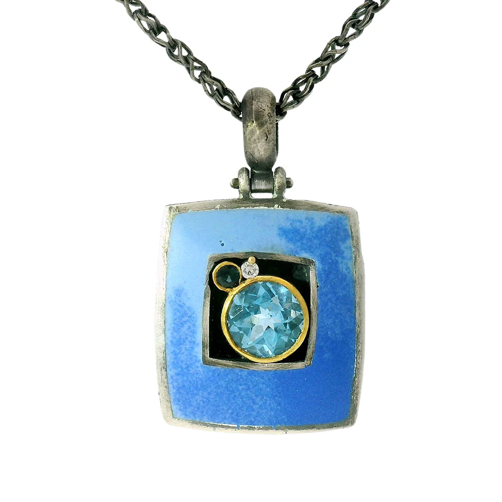 Blue Topaz, Sapphire, Diamond, & Enamel Necklace - "Clear Skies" - Image 3