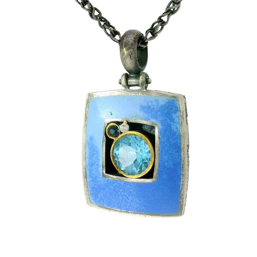 Blue Topaz, Sapphire, Diamond, & Enamel Necklace - "Clear Skies" - Image 4