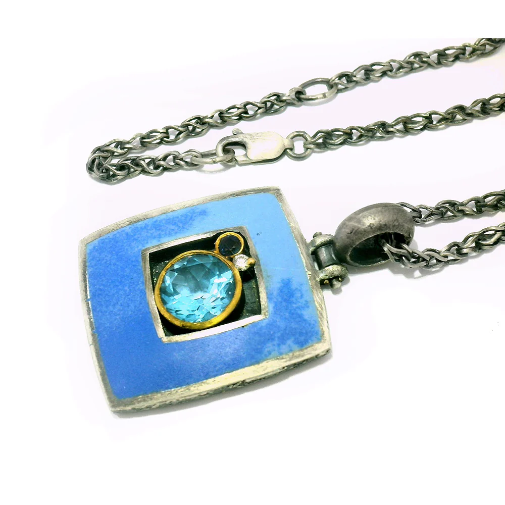 Blue Topaz, Sapphire, Diamond, & Enamel Necklace - "Clear Skies" - Image 6