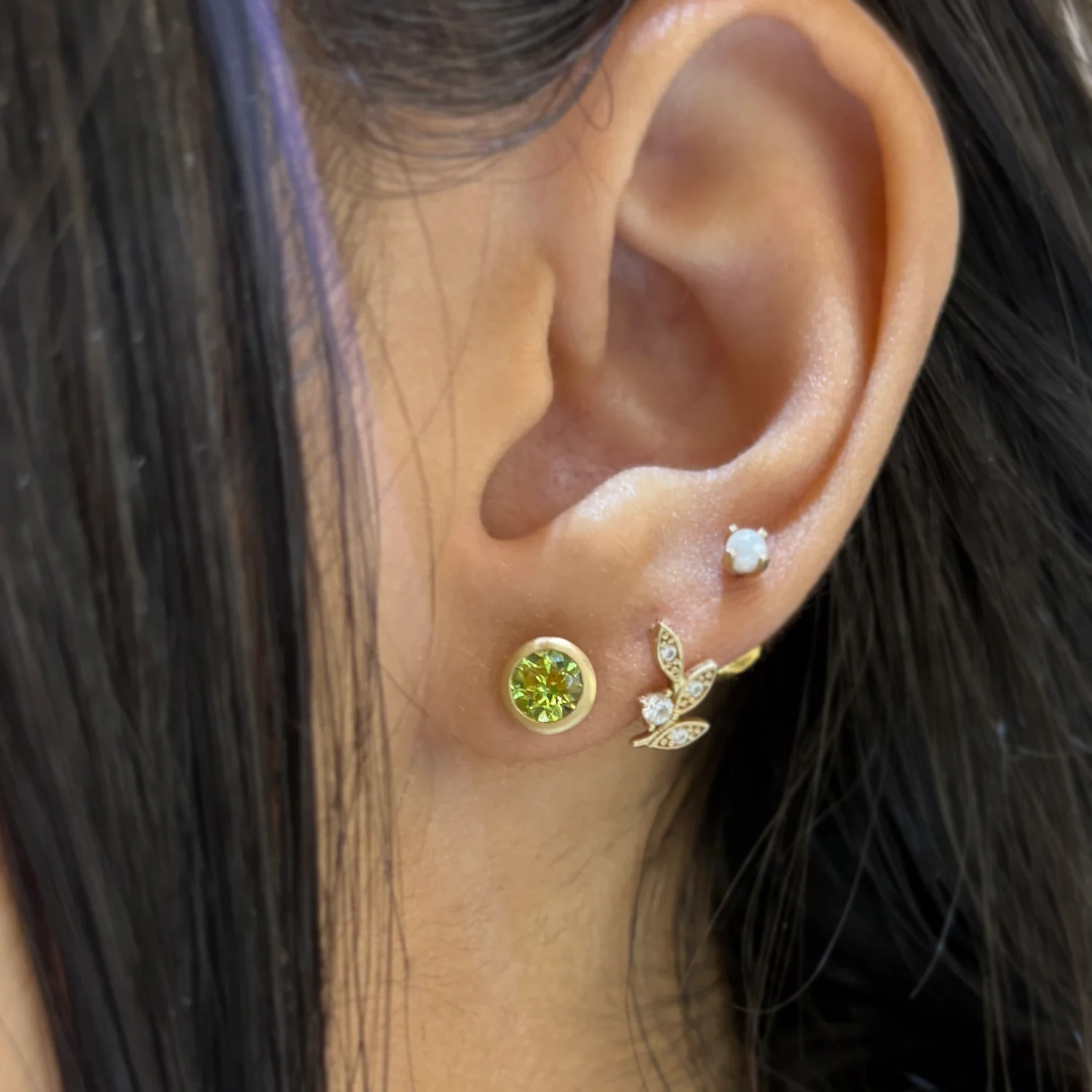 Peridot & Yellow Gold Stud Earrings - "Spring Fern" - Image 2