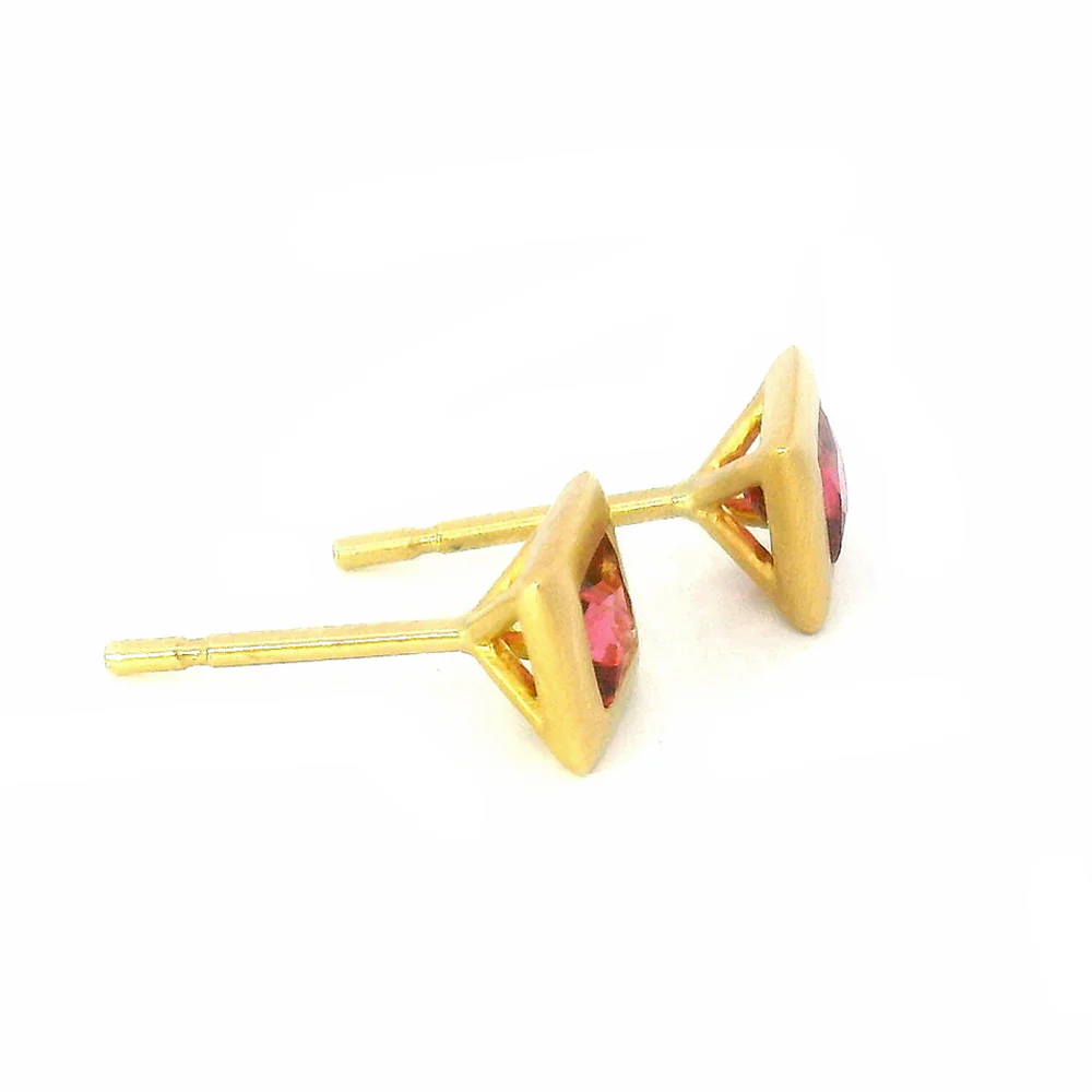 Pink Tourmaline & Yellow Gold Stud Earrings - "Peony" - Image 3