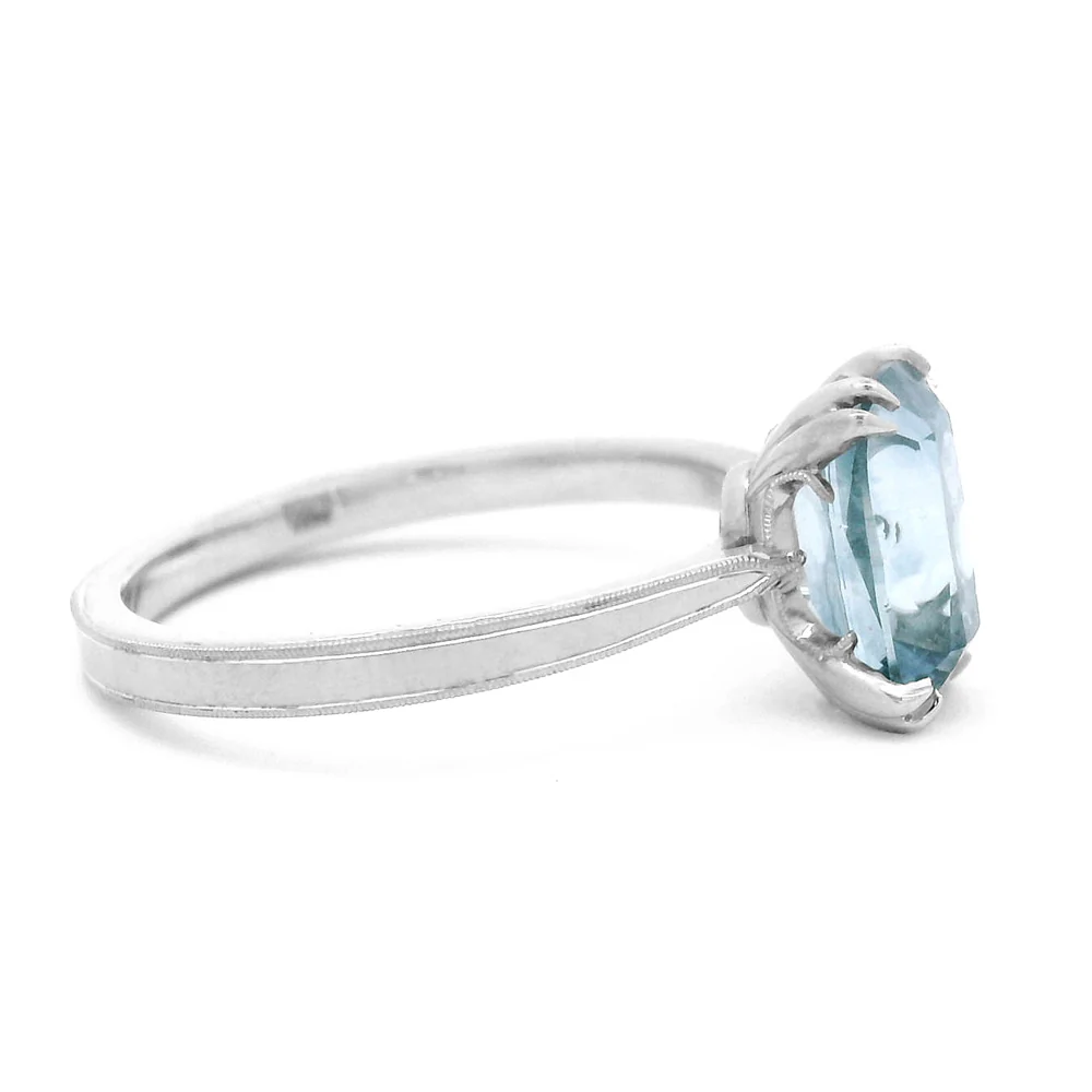 Platinum & Cushion Montana Sapphire Solitaire Ring - "Laurel Cathedral" - Image 4
