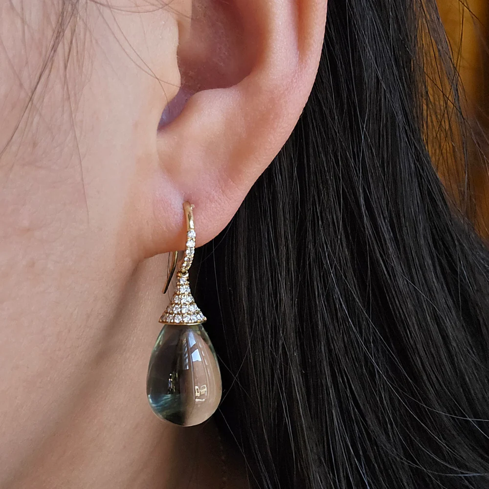 Prasiolite & Diamond Drop Earrings - "Ethereal" - Image 2