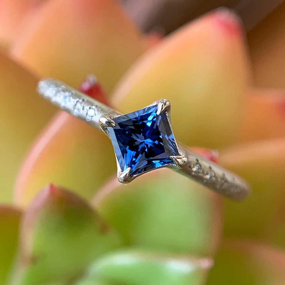 Princess-Cut Yogo Sapphire & Diamond Ring - "Winter Rosebud" - Image 6
