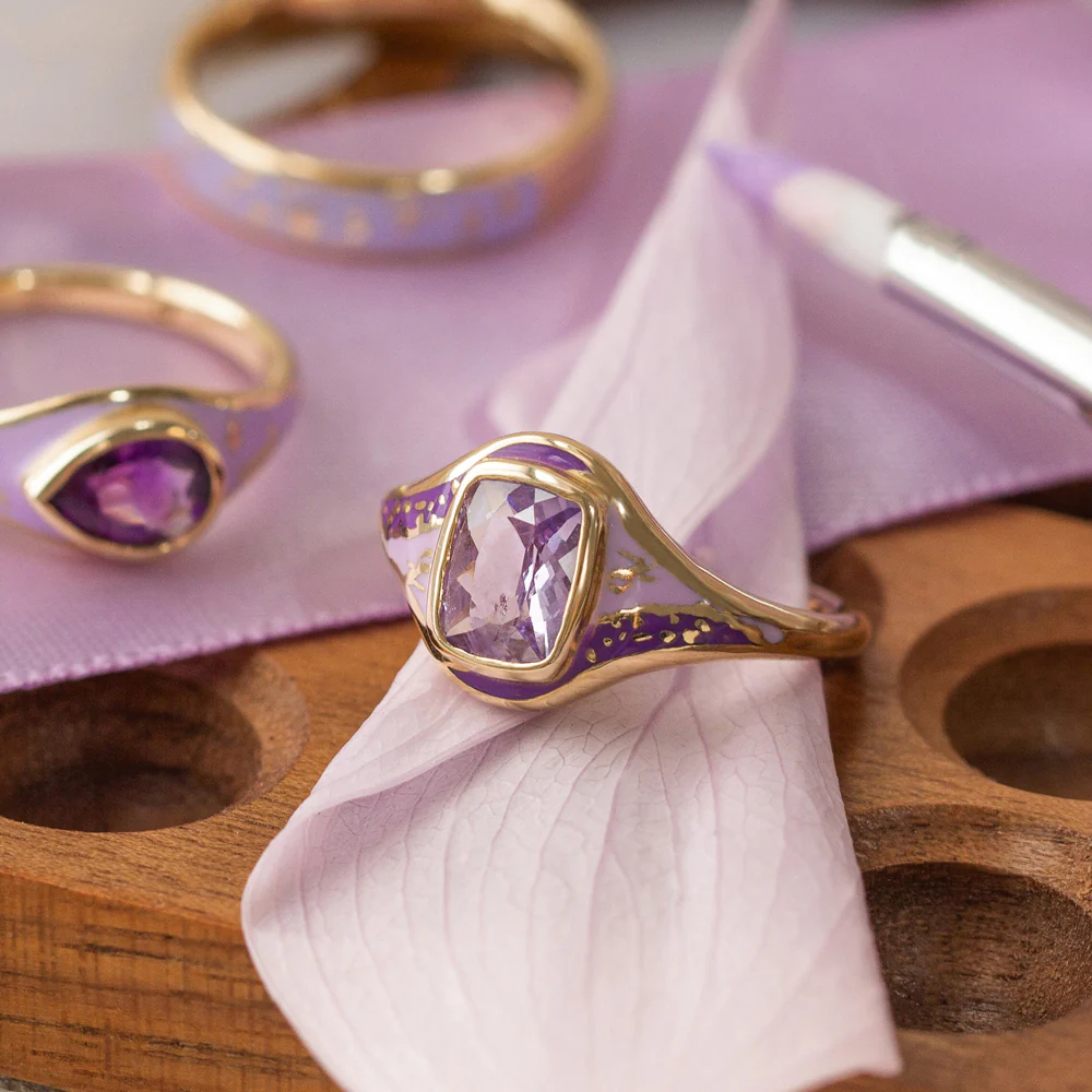 Purple Sapphire & Enamel Ring - "Purple Sgraffito Abstract" - Image 2