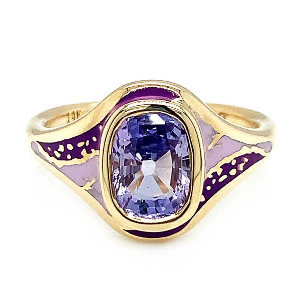 Purple Sapphire & Enamel Ring - "Purple Sgraffito Abstract" - Image 3