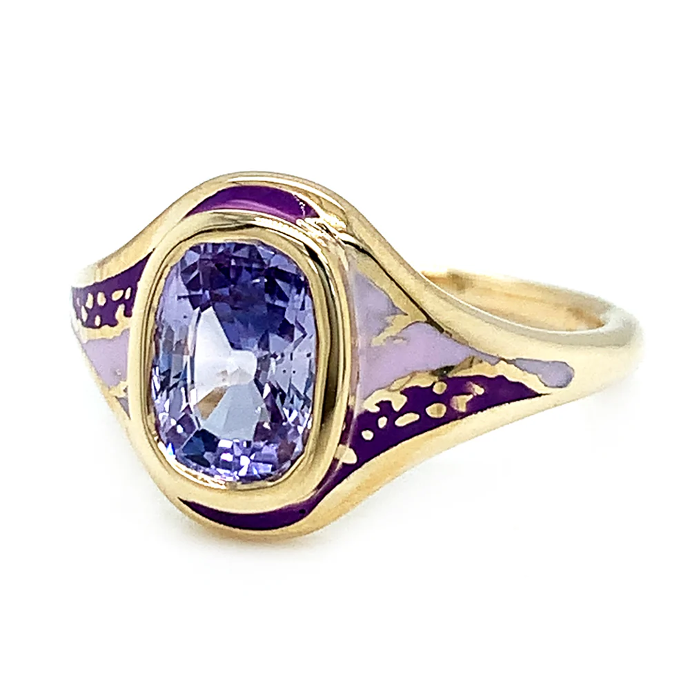 Purple Sapphire & Enamel Ring - "Purple Sgraffito Abstract" - Image 6