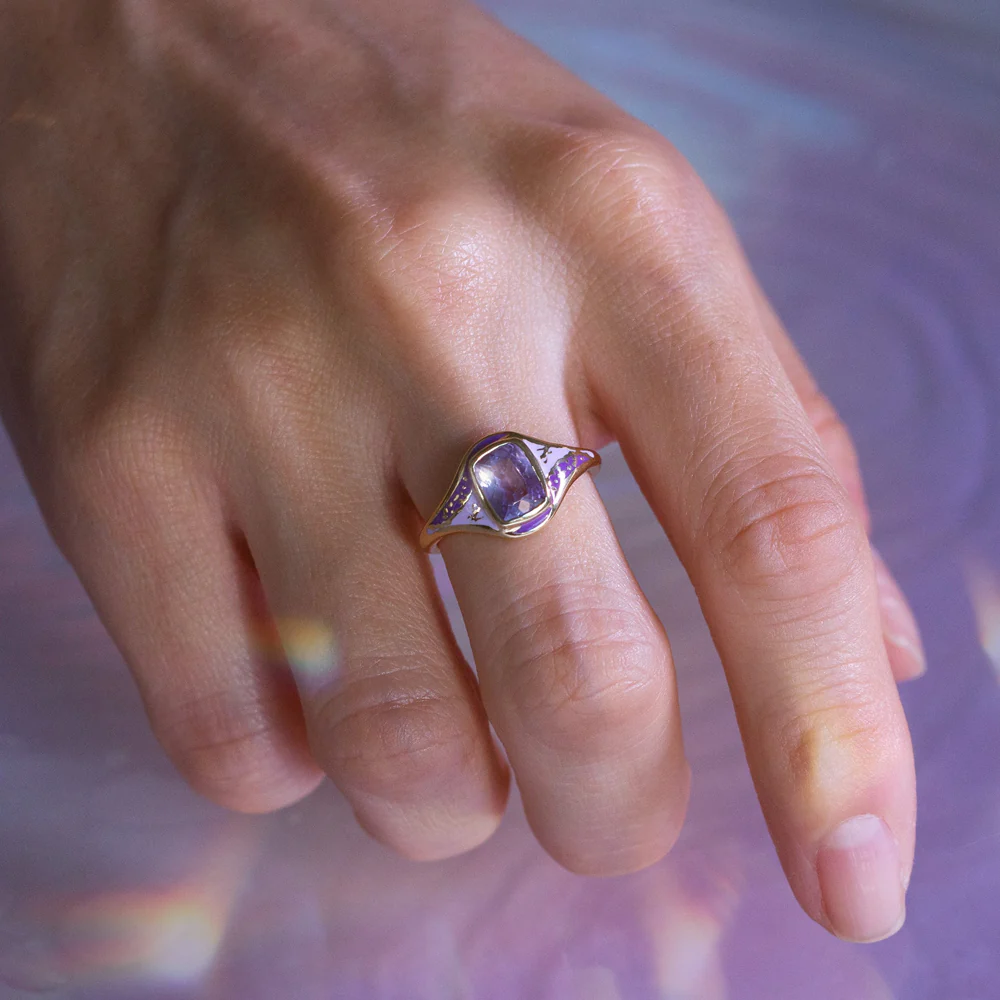 Purple Sapphire & Enamel Ring - "Purple Sgraffito Abstract" - Image 7