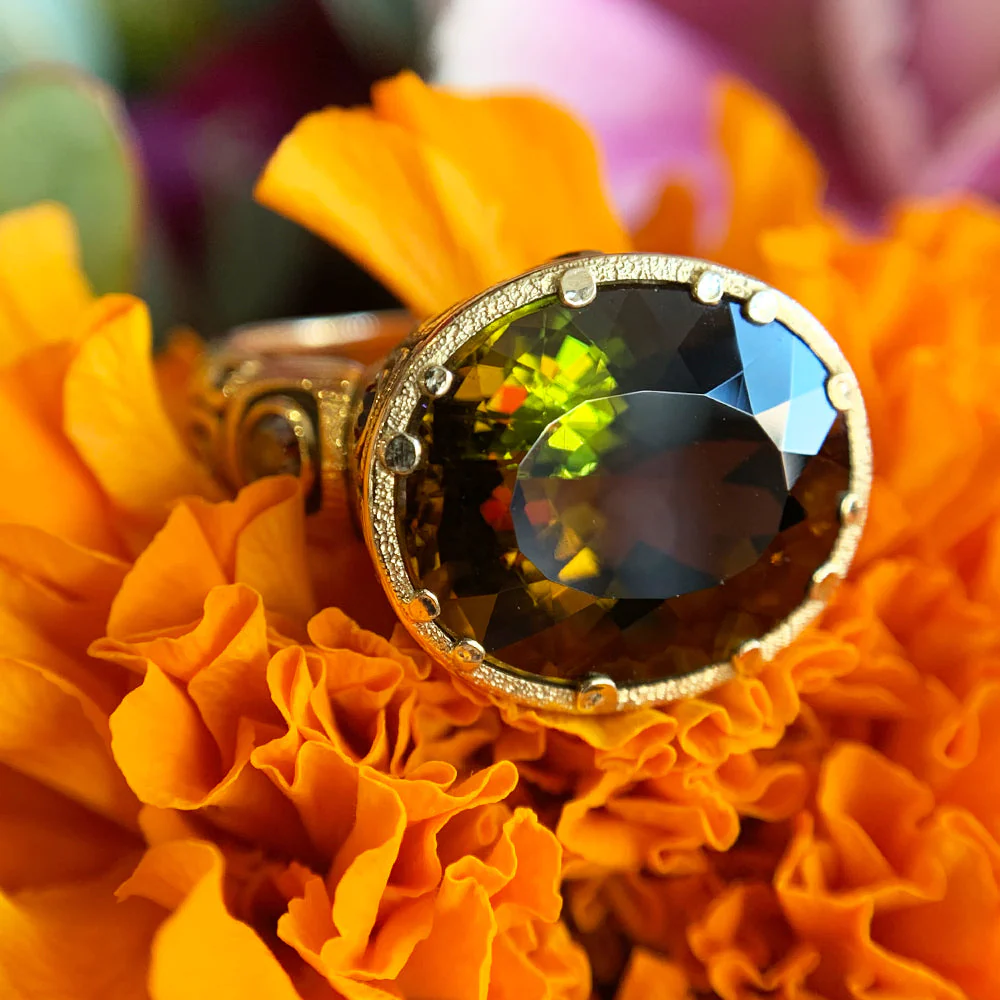 Olive-Brown Tourmaline & Diamond Ring - "Little Windows" - Image 10