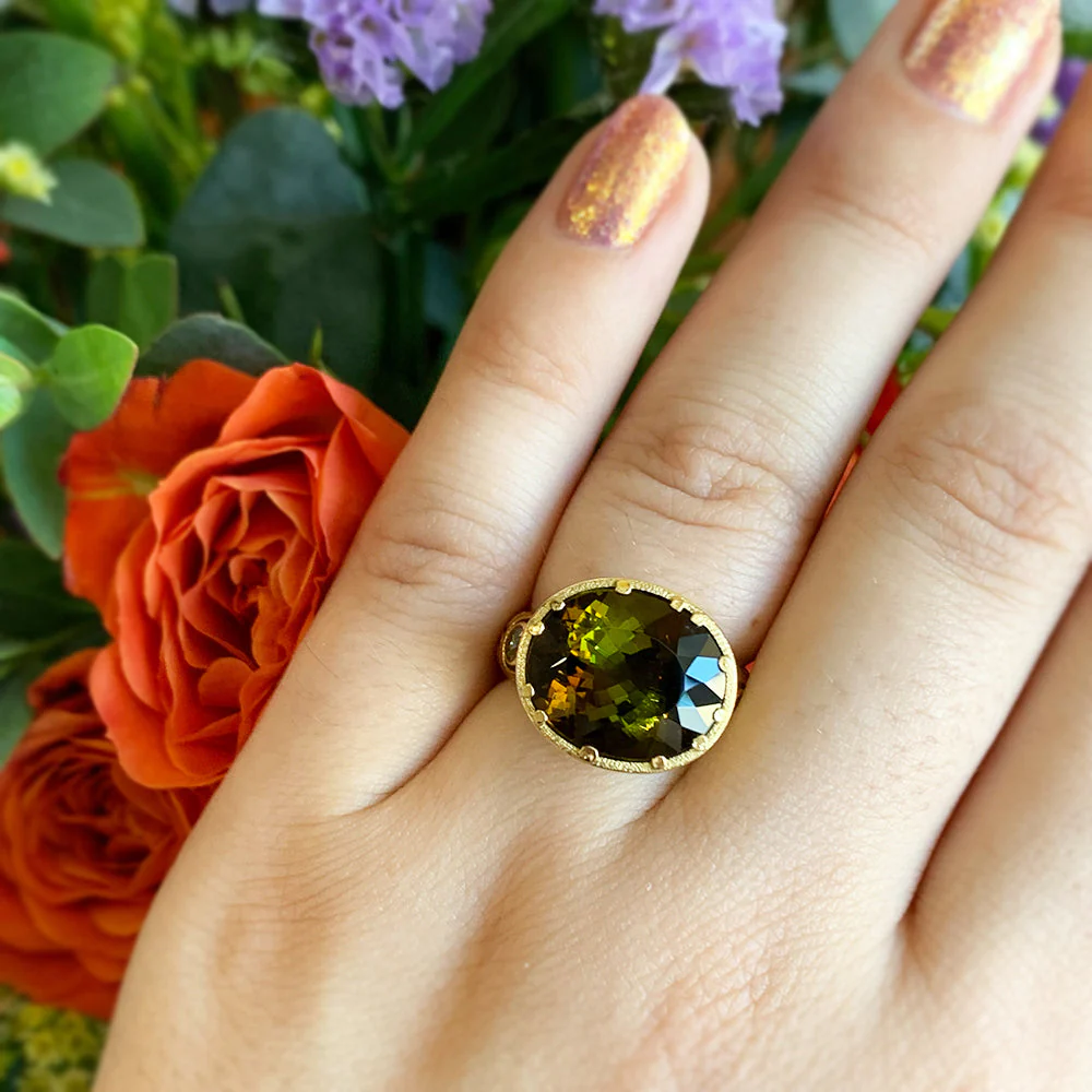 Olive-Brown Tourmaline & Diamond Ring - "Little Windows" - Image 11