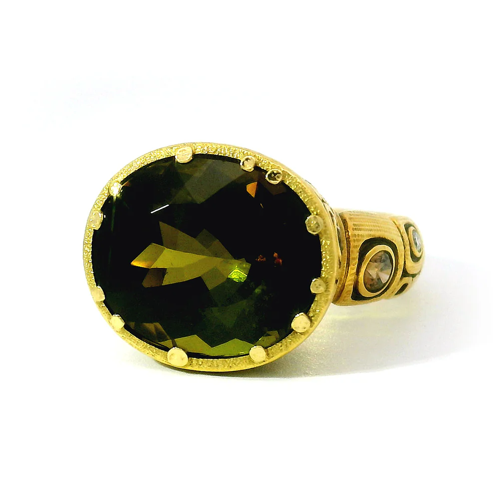 Olive-Brown Tourmaline & Diamond Ring - "Little Windows" - Image 3