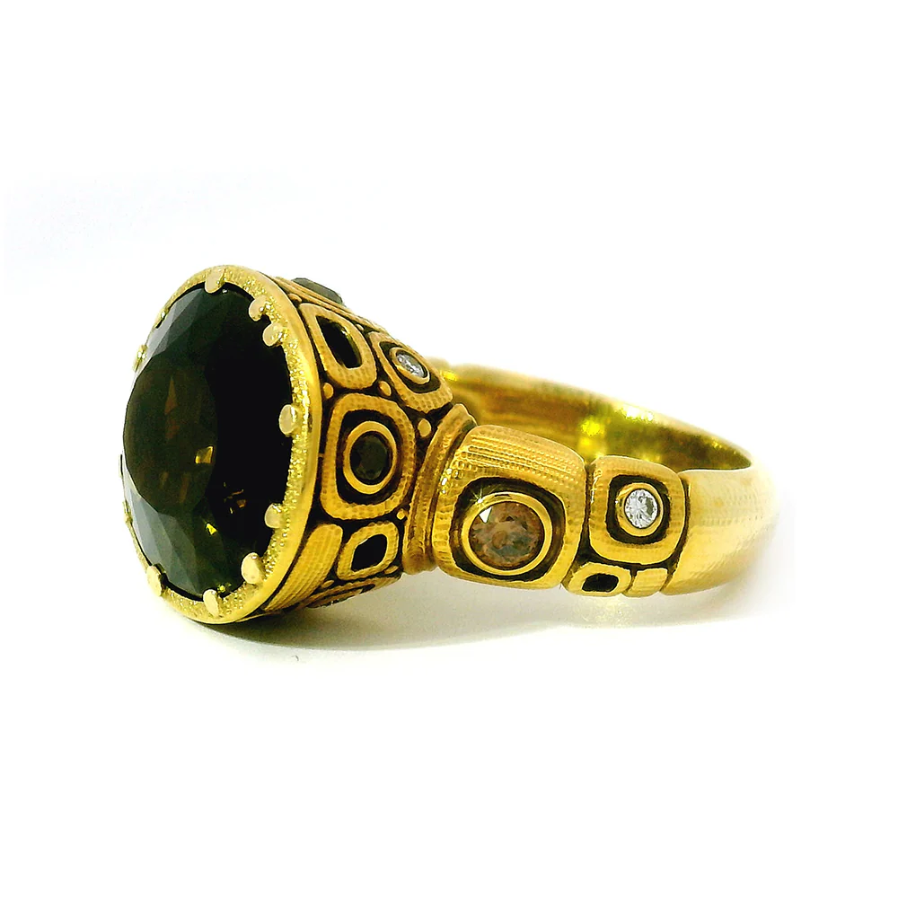 Olive-Brown Tourmaline & Diamond Ring - "Little Windows" - Image 4