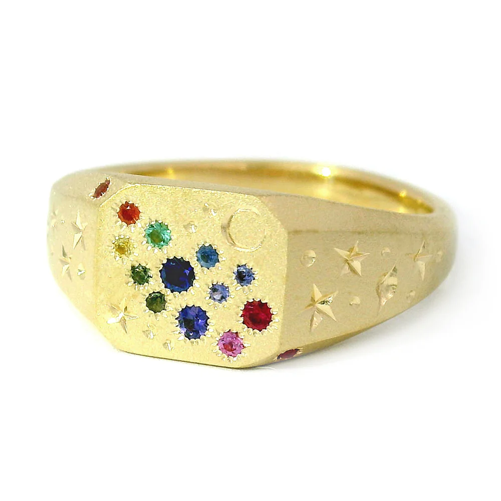 Rainbow Sapphire & Yellow Gold Signet Ring - "Rainbow Cut-Corner" - Image 2