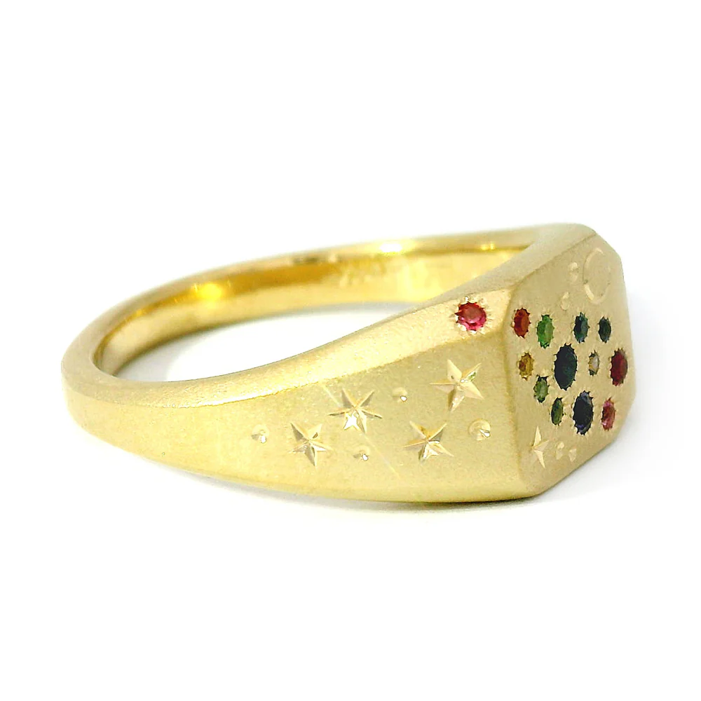 Rainbow Sapphire & Yellow Gold Signet Ring - "Rainbow Cut-Corner" - Image 4