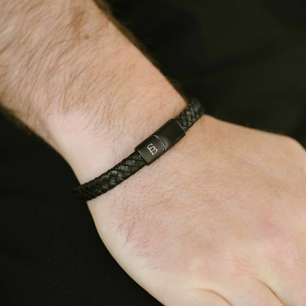 Black Leather & Stainless Steel Bracelet - "Riley" - Image 2