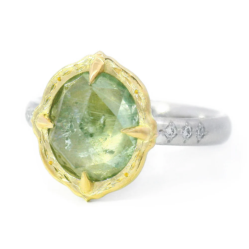 Rose Cut Light Spring Green Montana Sapphire Ring - "Lotus" - Image 2