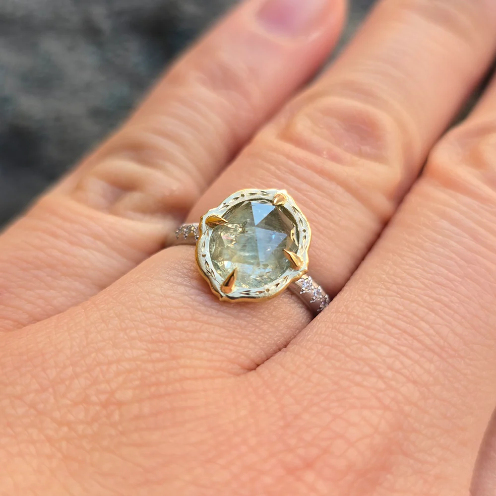 Rose Cut Light Spring Green Montana Sapphire Ring - "Lotus" - Image 3