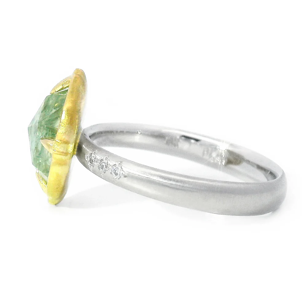 Rose Cut Light Spring Green Montana Sapphire Ring - "Lotus" - Image 4