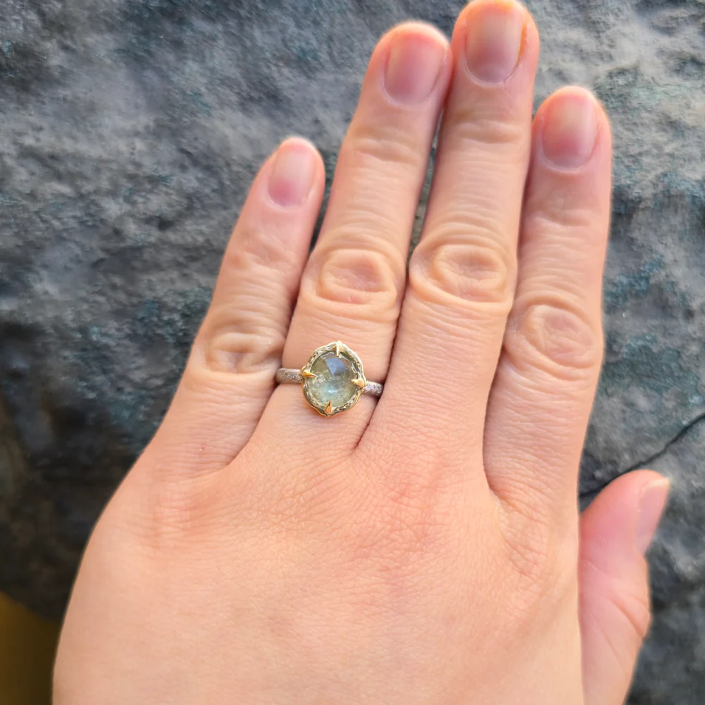 Rose Cut Light Spring Green Montana Sapphire Ring - "Lotus" - Image 6