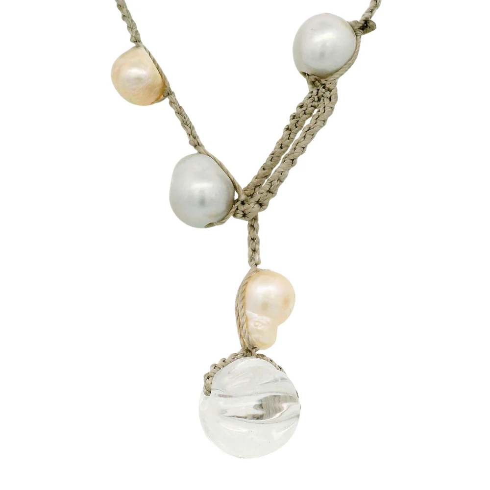 Rose Thorn & Grey Freshwater Pearl Crocheted Necklace