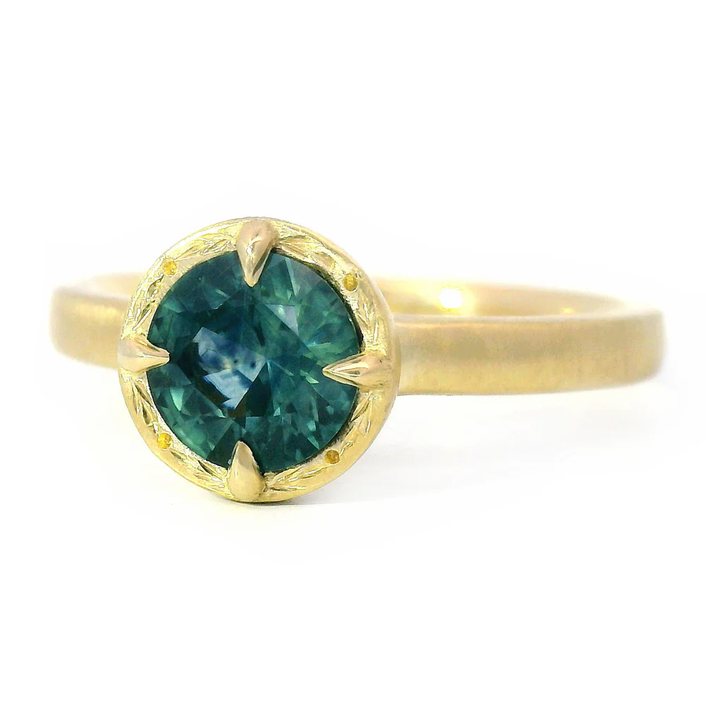 Round Deep Green-Blue Montana Sapphire Ring - "Rosebud" - Image 2