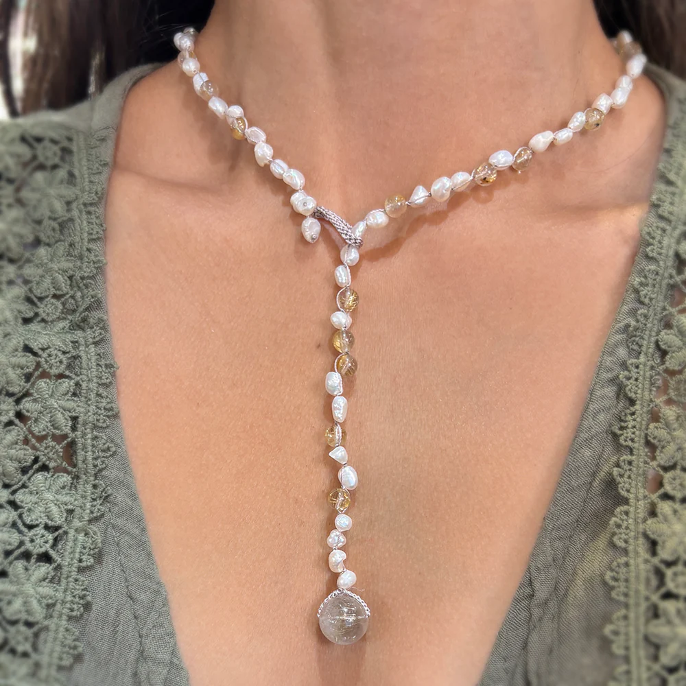 Rutilated Quartz & Freshwater Pearl Silk Necklace - "Radiance" - Image 2