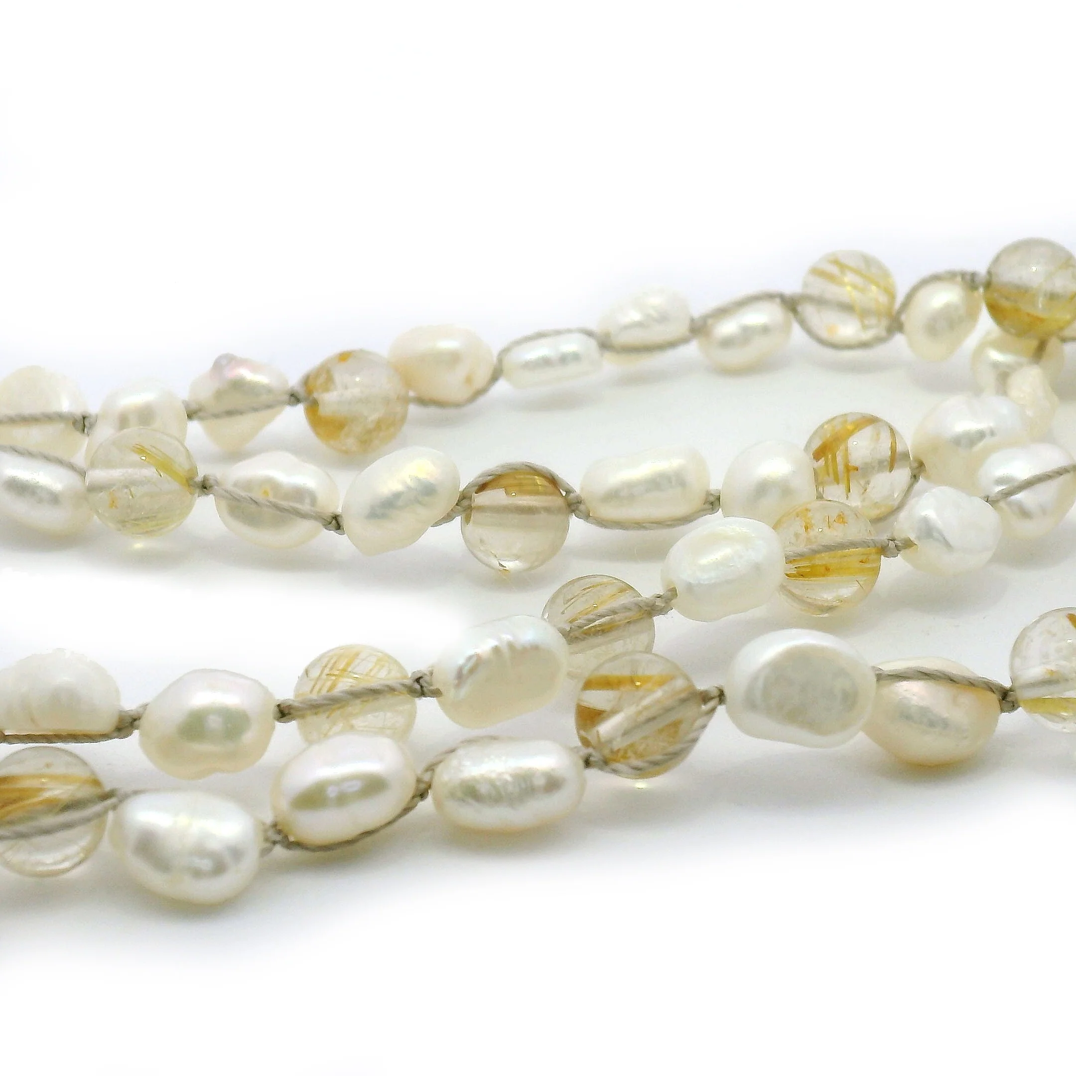 Rutilated Quartz & Freshwater Pearl Silk Necklace - "Radiance" - Image 3