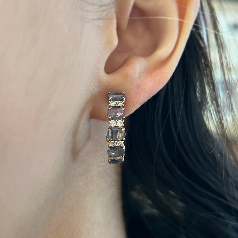 Yogo Sapphire & Diamond Semi-Hoop Earrings - "Stepping Stones" - Image 2