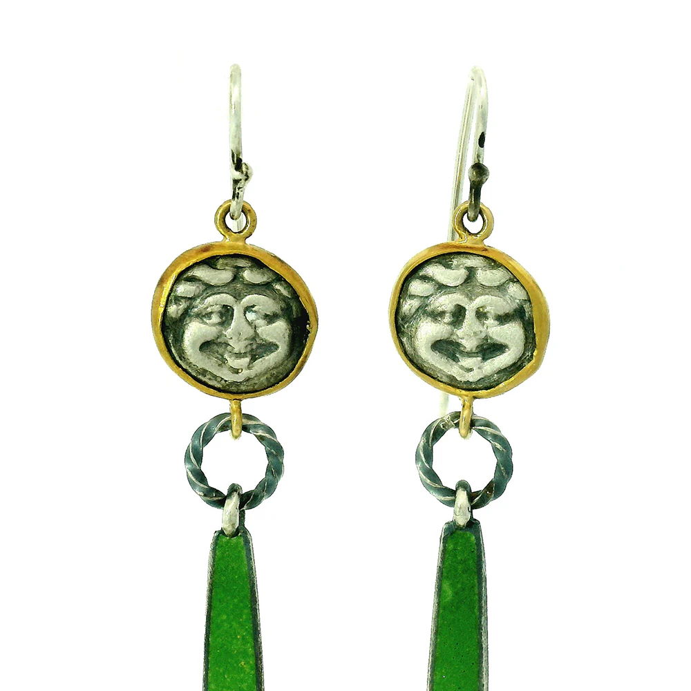 Cast Silver Hemidrachs & Enamel Drop Earrings - "Medusa the Gorgon" - Image 2