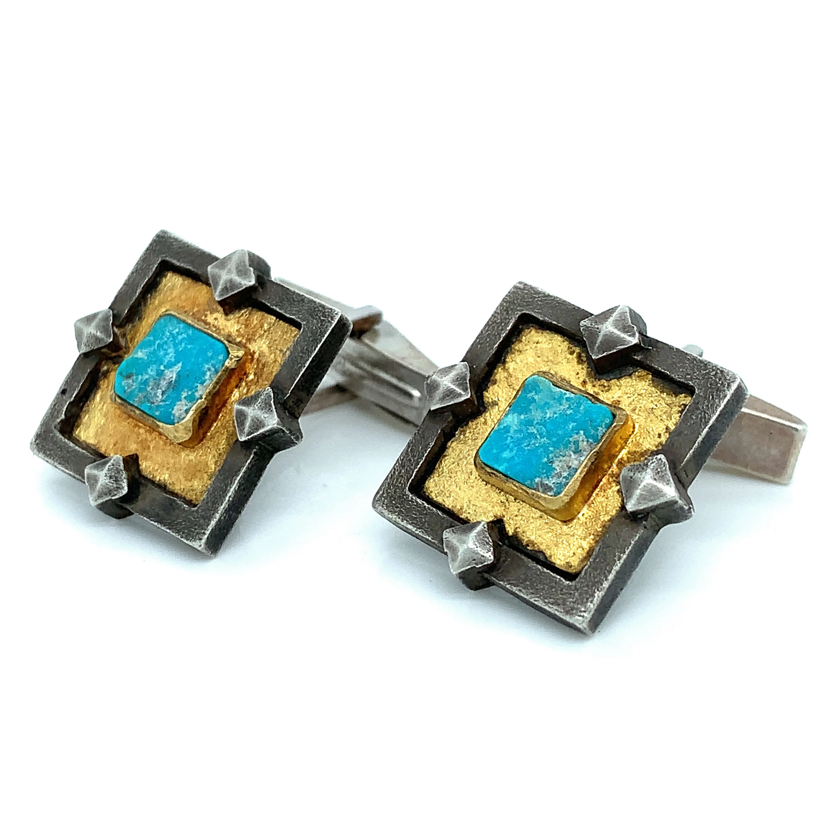 Gold & Oxidized Sterling Silver Natural Turquoise Cufflinks - "The Faramir" - Image 3