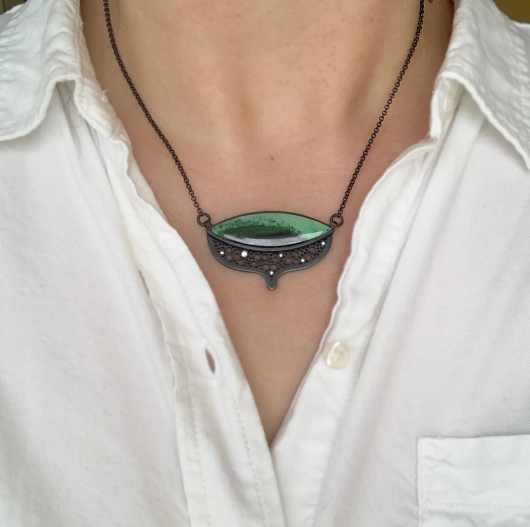 Silver & Green Garnet Necklace - "Oscuro Mermaid Tail" - Image 3