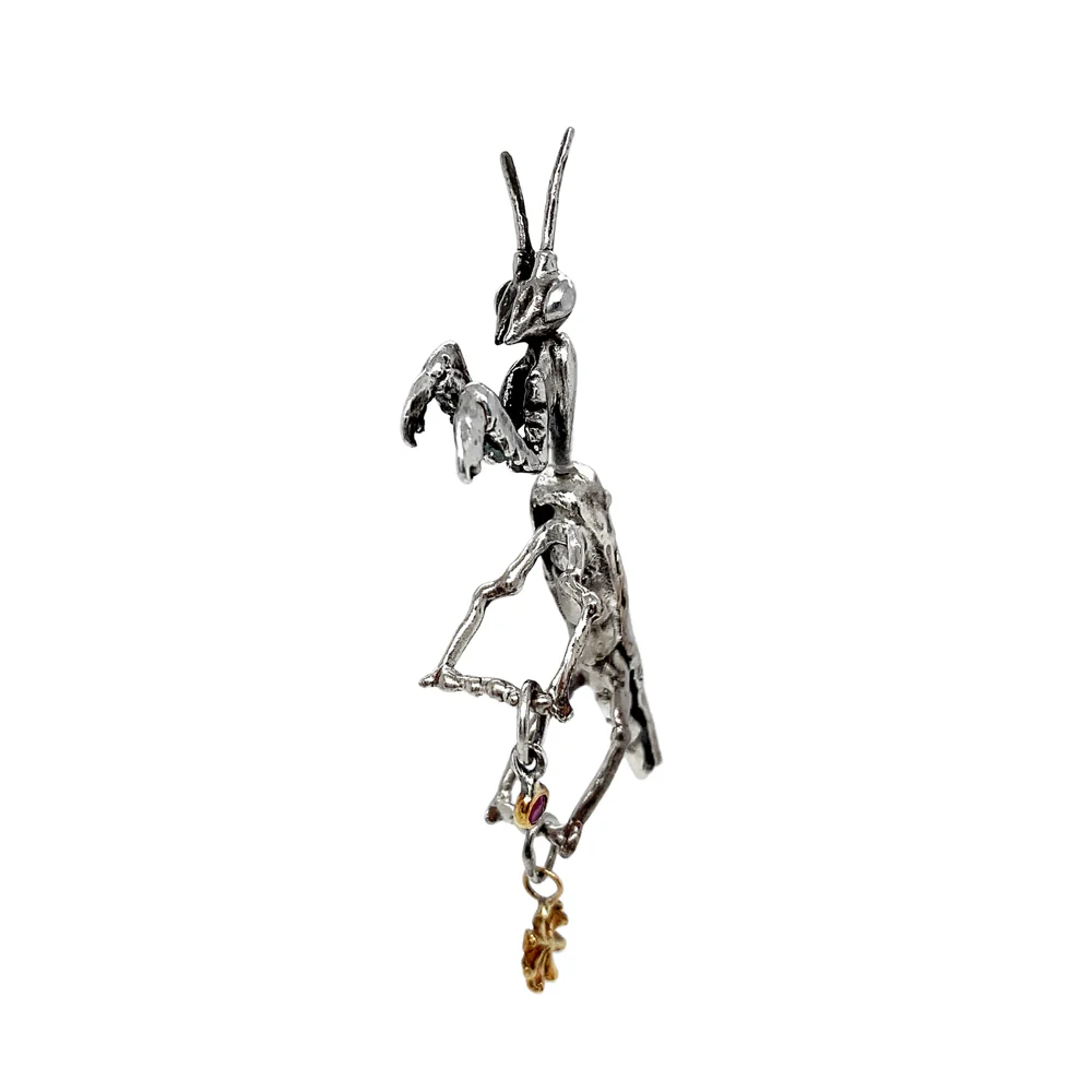 Sterling Silver & 14K Yellow Gold Praying Mantis Earring - "Mantodea" - Image 3