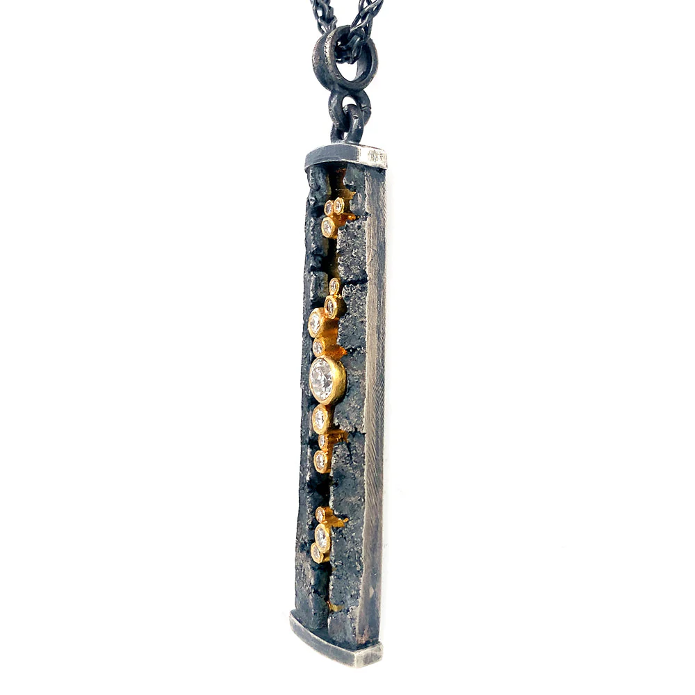 Sterling Silver and Gold Necklace with Diamonds - "Column" - Image 2