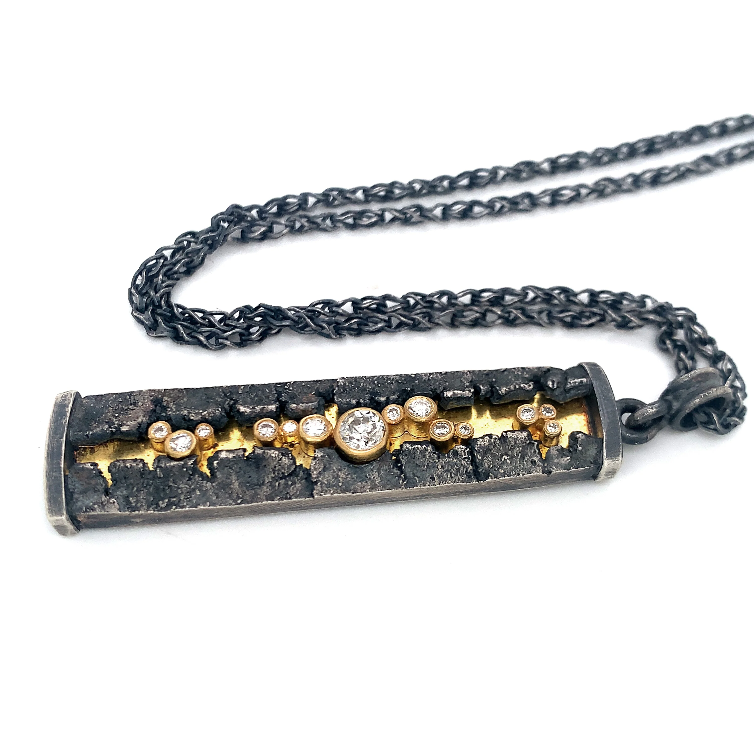 Sterling Silver and Gold Necklace with Diamonds - "Column" - Image 3