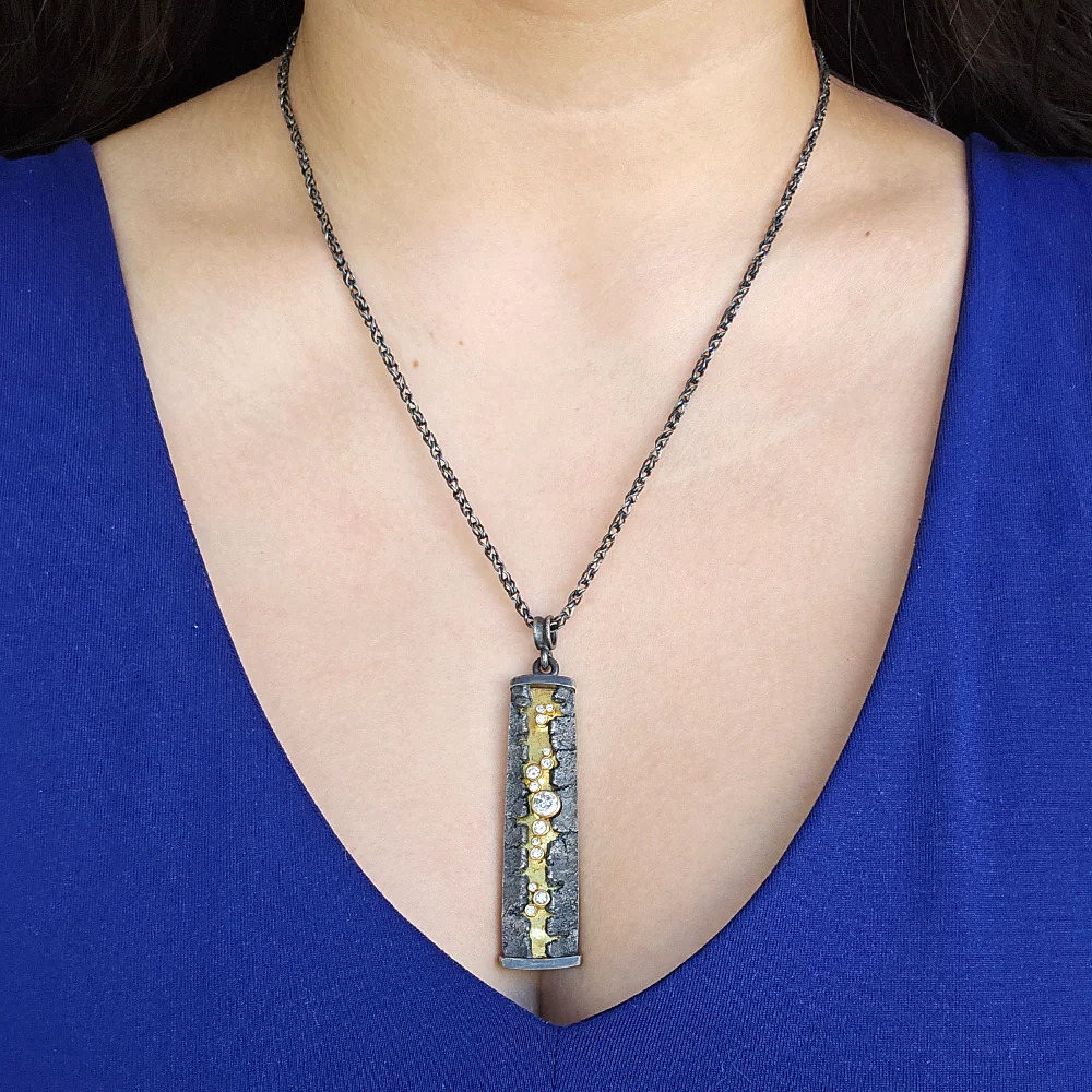 Sterling Silver and Gold Necklace with Diamonds - "Column" - Image 6