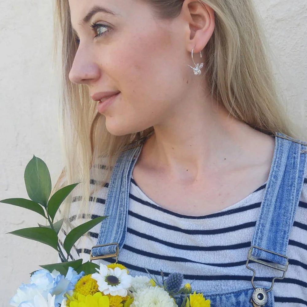 Sterling Silver & Pearl Hoop Earrings -"Flying Bee" - Image 3
