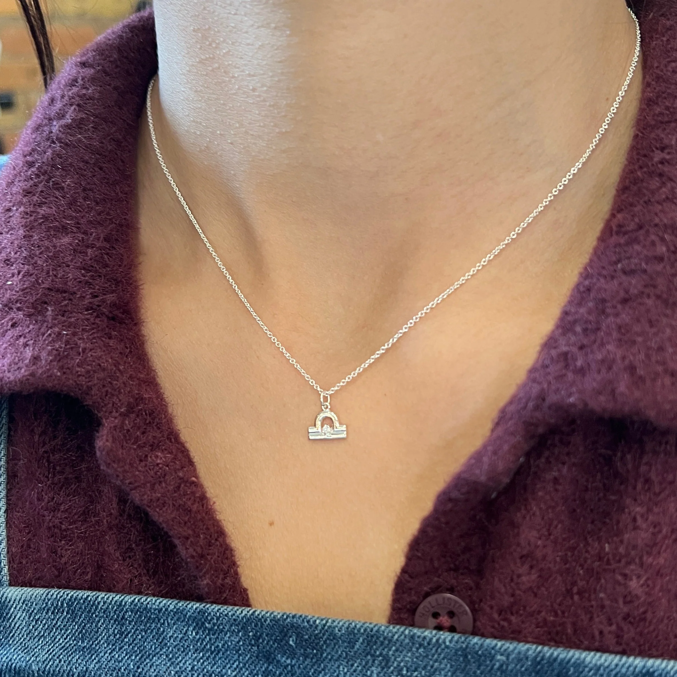 Sterling Silver & Diamond Zodiac Necklace - "Libra" - Image 3