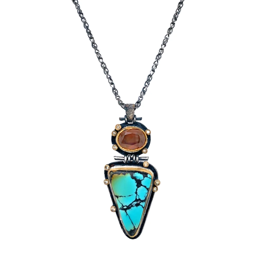 Turquoise, Cassiterite, & Diamond Necklace - "Western Sky"