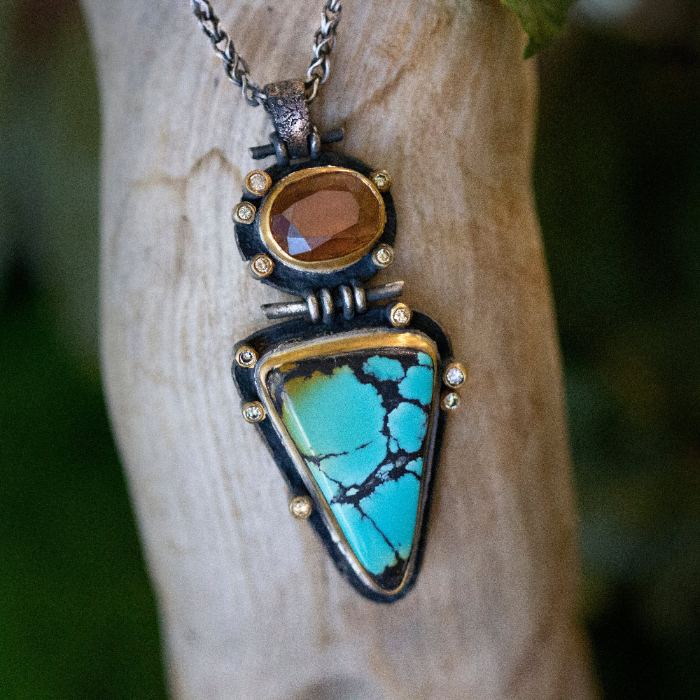 Turquoise, Cassiterite, & Diamond Necklace - "Western Sky" - Image 2