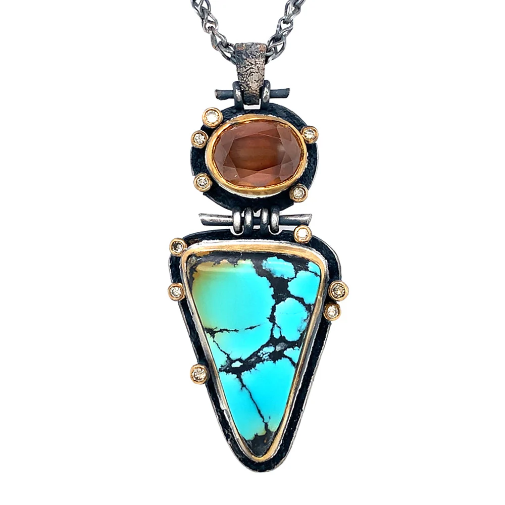 Turquoise, Cassiterite, & Diamond Necklace - "Western Sky" - Image 3